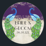 Sticker Rond Art Déco Peacock Favoriser Gift Tags Seal Dark Pur<br><div class="desc">PALETTE DE COULEUR : violet foncé, crème, bronze, bleu aqua, bleu royal, vert, violet et or. COLLECTION DESIGN : Il s'agit de collants ou de sceaux correspondants pour enveloppes ou à utiliser sur les faveurs pour réceptions et douches nuptiales. Cette oeuvre est un mélange d'aquarelles flambant neuves d'Audrey Jeanne Roberts...</div>