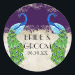 Sticker Rond Art Déco Peacock Favoriser Gift Tags Seal Dark Pur<br><div class="desc">PALETTE DE COULEUR : violet foncé, crème, bronze, bleu aqua, bleu royal, vert, violet et or. COLLECTION DESIGN : Il s'agit de collants ou de sceaux correspondants pour enveloppes ou à utiliser sur les faveurs pour réceptions et douches nuptiales. Cette oeuvre est un mélange d'aquarelles flambant neuves d'Audrey Jeanne Roberts...</div>