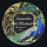 Sticker Rond Art Déco Peacock Gold Parties scintillant Old Holl<br><div class="desc">Joindre des scellés ou des autocollants d'enveloppe. Peut également être utilisé pour les autocollants de faveur ou de sac cadeau. Très Glamour, parties scintillant dorée look Art Déco cadre avec les ornements décoratifs de l'imprimante vintage, tourbillons, fleuris et gravures baroques. Un merveilleux mélange de style ancien et de design graphique...</div>