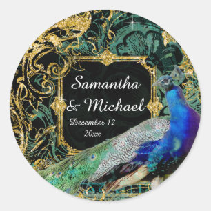Sticker Rond Art Déco Peacock Gold Parties scintillant Old Holl