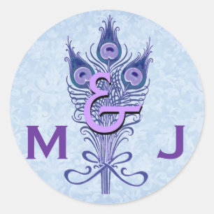 Sticker Rond Art Déco Peacock violet Plumes Monogram Mariage