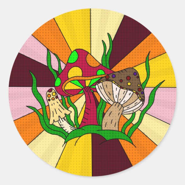 Sticker Rond Art dessiné à la main par des champignons magiques (Devant)
