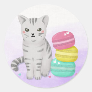 Sticker Rond Art d'illustration de chat et dessert