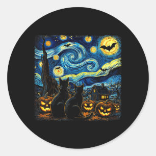 Sticker Rond Art du ciel nocturne amateur de chat noir Hallowee
