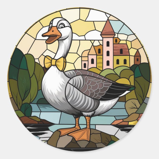 Sticker Rond Art du vitrail, Silly Goose Vitrail (Devant)