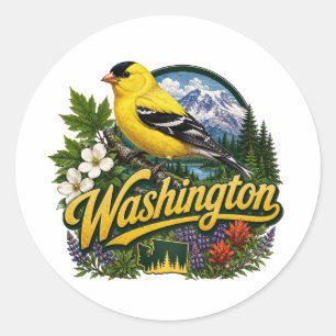 Sticker Rond Art floral avec chardonneret de Washington