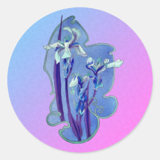 Sticker Rond Art Floral Iris Bleu