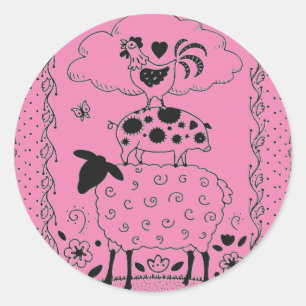 STICKER ROND ART FOLAIRE ANIMAUX DE FERME MOUSSE, PIG, ROOSTER