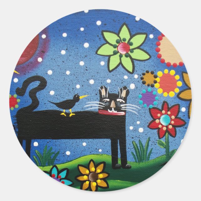 Sticker Rond Art Folk De Lori Everett Chat Avec Attitude (Devant)