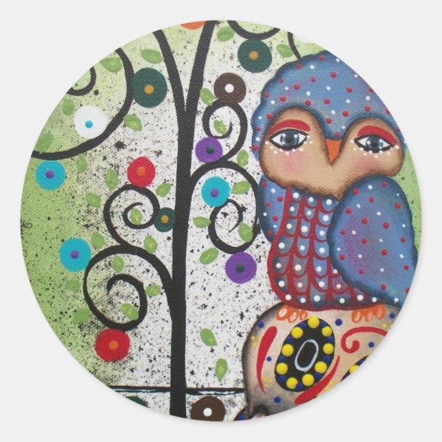 Sticker Rond Art Folk Par Lori Everett OWL (Devant)