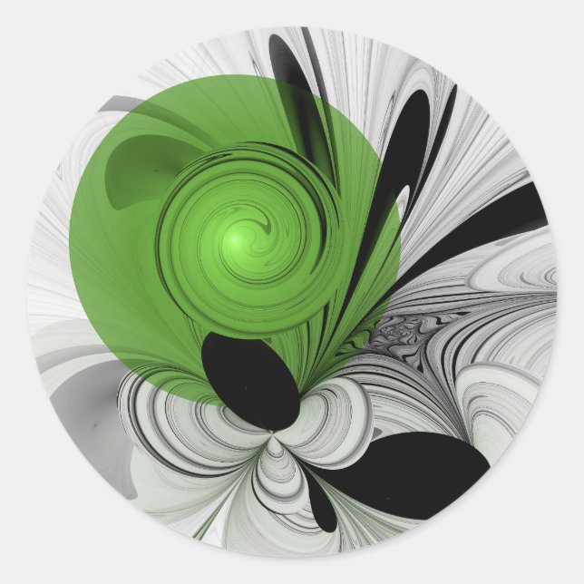 Sticker Rond Art fractal abstrait noir et blanc avec vert (Devant)