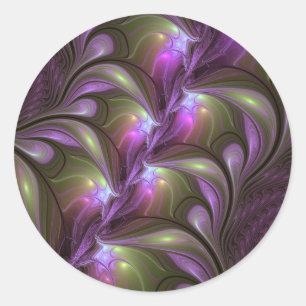 Sticker Rond Art fractal abstrait violet pourpre kaki coloré