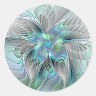 Sticker Rond Art fractal fantaisie papillon bleu vert abstrait
