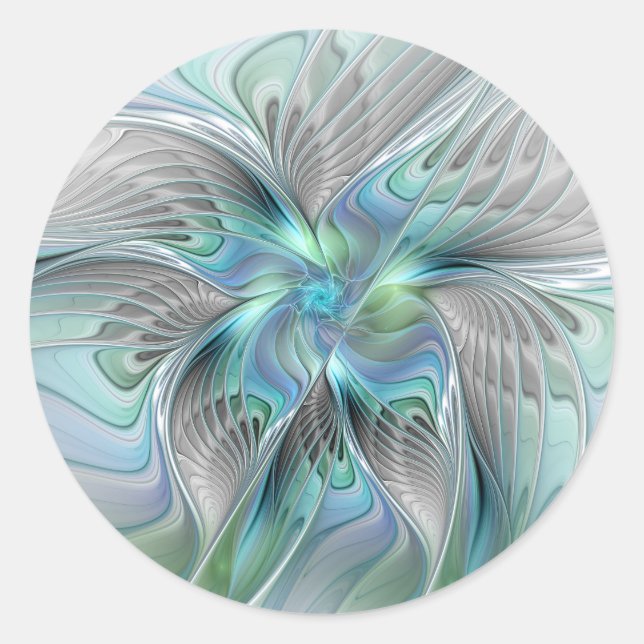 Sticker Rond Art fractal fantaisie papillon bleu vert abstrait (Devant)