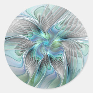 Sticker Rond Art fractal fantaisie papillon bleu vert abstrait