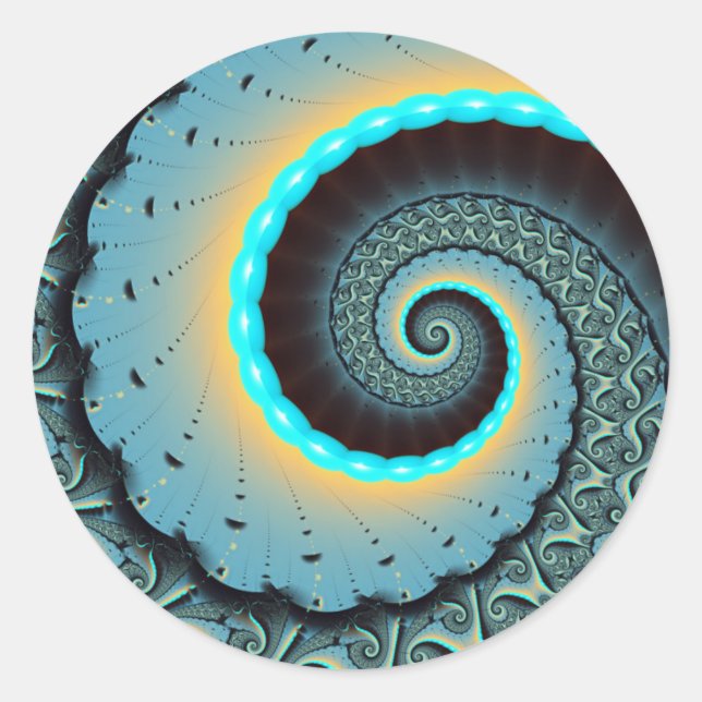Sticker Rond Art fractal spirale abstrait bleu turquoise orange (Devant)