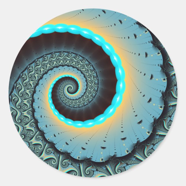 Sticker Rond Art fractal spirale abstrait bleu turquoise orange (Devant)
