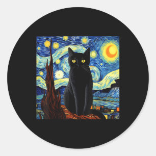 Sticker Rond Art Funny Black Cat Peinture Artiste Van Gogh Star