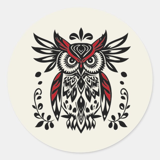 Sticker Rond Art graphique tribal boho hibou oiseau faune  (Devant)