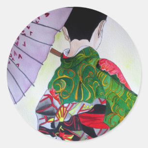 Sticker Rond Art japonais Geisha avec kimono et parapluie