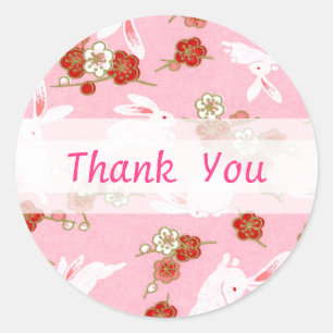 Sticker Rond Art japonais : Sakuras et lapins roses
