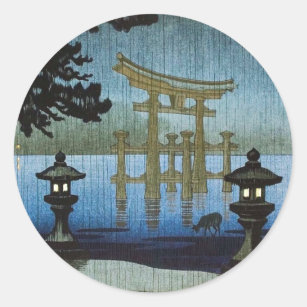 Sticker Rond Art japonais Ukiyo-e de bois de graveur de pluie