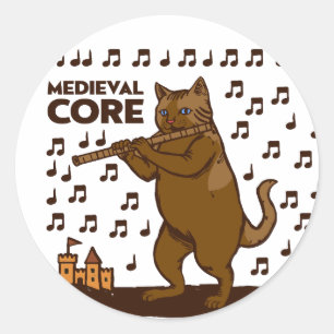 Sticker Rond Art médiéval amusant de chat jouant de la flûte