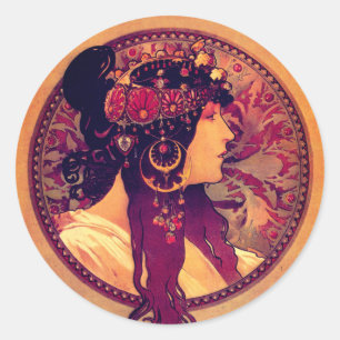 Sticker Rond Art nouveau Alphonse Mucha Donna élégante femme