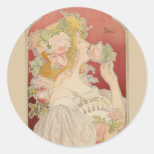 Sticker Rond Art Nouveau Belle Époque Dame Roses Livemont