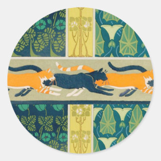 Sticker Rond Art Nouveau Cats and Flowers