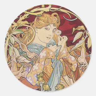 Sticker Rond Art Nouveau de Mucha : Femme avec la marguerite