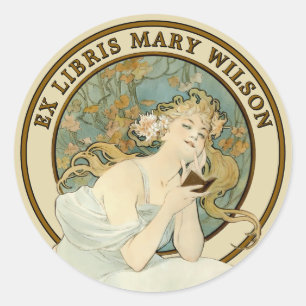 Sticker Rond Art Nouveau Femme & Livre Mucha Ex Libris Modèle