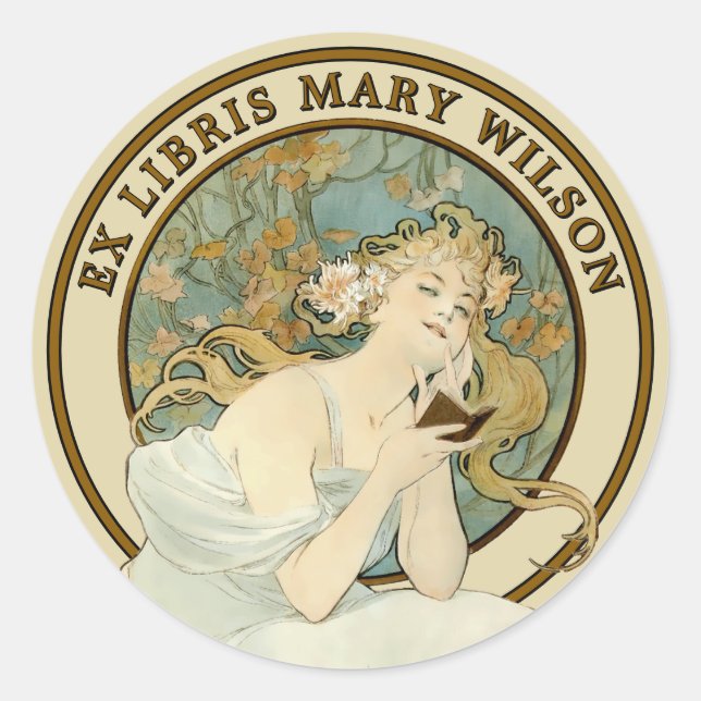 Sticker Rond Art Nouveau Femme & Livre Mucha Ex Libris Modèle (Devant)