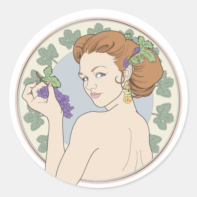 Sticker Rond Art Nouveau Fille Lover au vin avec raisins (Devant)