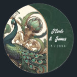 Sticker Rond Art Nouveau Green Emerald Mariage Peacock Vintage<br><div class="desc">customisez avec n'importe quel texte.</div>