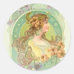 Sticker Rond Art Nouveau Jeune Fille avec étoiles Fleurs