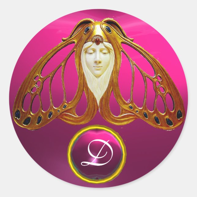 STICKER ROND ART NOUVEAU MOTH FEMME ROSE FUCHSIA GEM MONOGRAS (Devant)