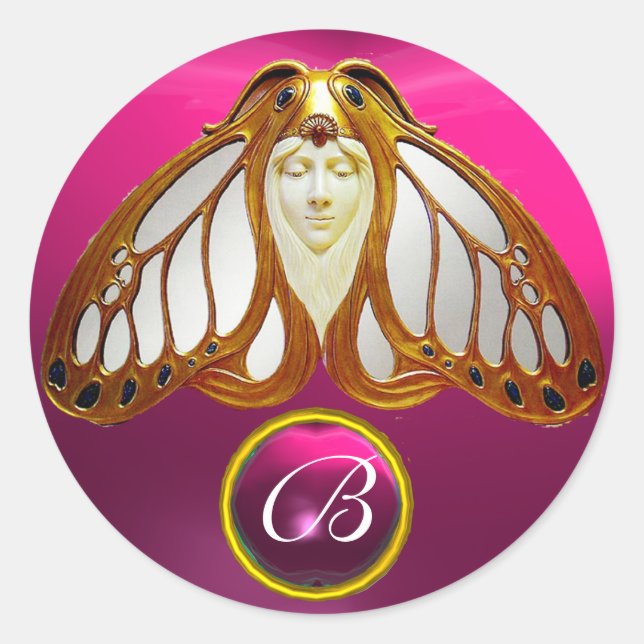 STICKER ROND ART NOUVEAU MOTH FEMME ROSE FUCHSIA GEM MONOGRAS (Devant)