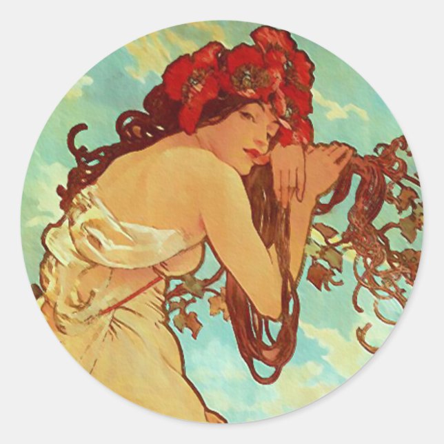 Sticker Rond Art Nouveau - Mucha - Été (Devant)