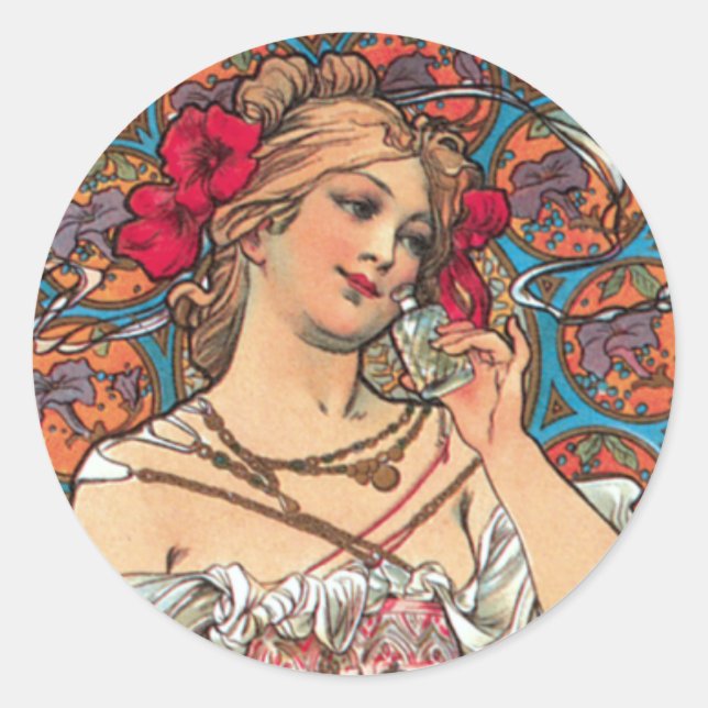 Sticker Rond Art Nouveau - Mucha - Publicité de parfum (Devant)