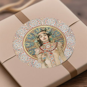 Sticker Rond Art Nouveau Mucha Sarah Bernhardt Champagne C Or