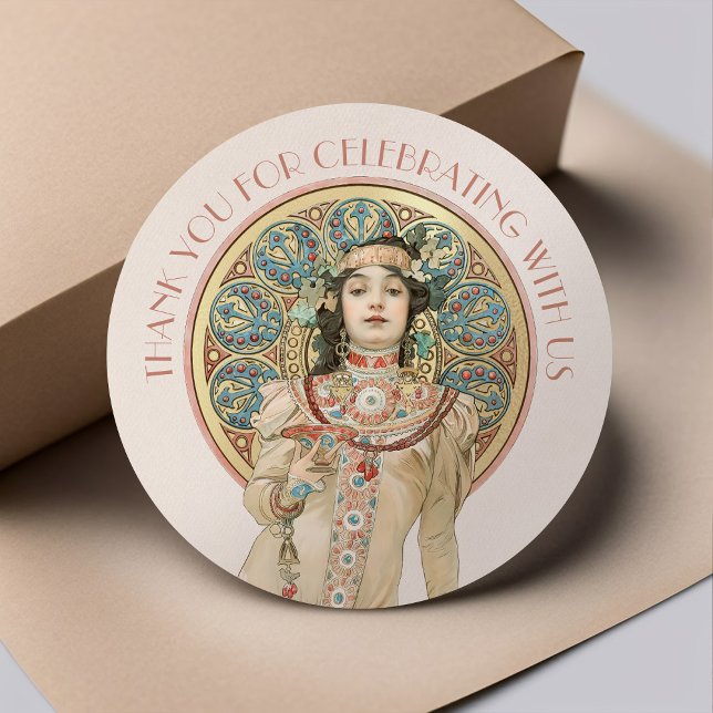 Sticker Rond Art Nouveau Mucha Sarah Bernhardt Champagne Or (Créateur téléchargé)