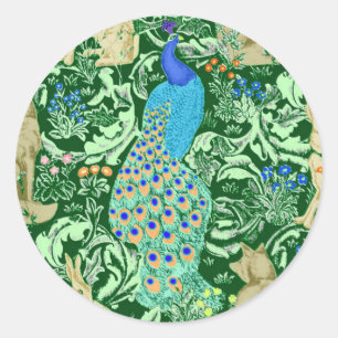 Sticker Rond Art Nouveau Peacock Print, Cobalt Blue & Green
