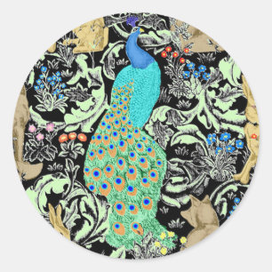 Sticker Rond Art Nouveau Peacock Print, Cobalt Blue & Green