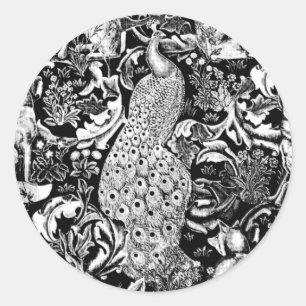 Sticker Rond Art Nouveau Peacock Print, noir et blanc