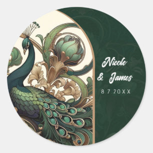 Sticker Rond Art Nouveau Vert Émeraude Vintage Paon Mariage