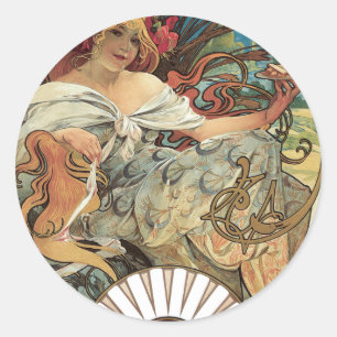 Sticker Rond Art nouveau victorien vintage par Alphonse Mucha