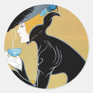 Sticker Rond Art Nouveau vintage, Dame buvant du thé Marco Polo