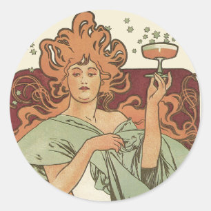 Sticker Rond Art Nouveau vintage par Mucha, Champagne Party