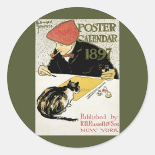 Sticker Rond Art Nouveau vintage, Peinture Artiste avec chat an